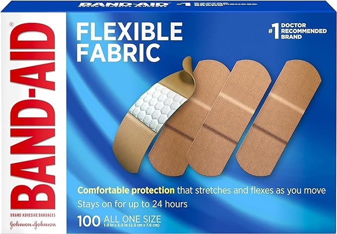 Band-Aid brand elastic fabric adhesive bandage is suitable for wound care and first aid.